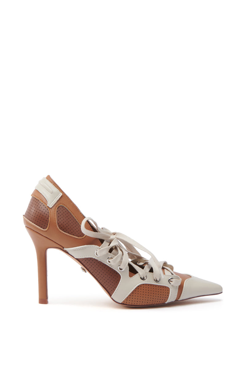 The AZALEA WANG FIRST STRING TAN COLOR BLOCK SPORTY PUMP features a pointed toe, stiletto heel, brown and gray color scheme, perforated details, and a lace-up design. It is highlighted by a solid brown heel and toe cap with light gray laces for a modern athletic-inspired look.