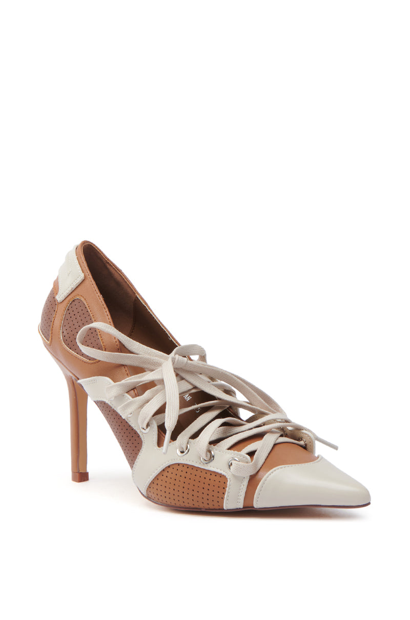 The AZALEA WANG FIRST STRING TAN COLOR BLOCK SPORTY PUMP features a pointed toe, brown and beige color-block design, decorative white laces, and side perforations that add texture to this stylish athletic-inspired piece.