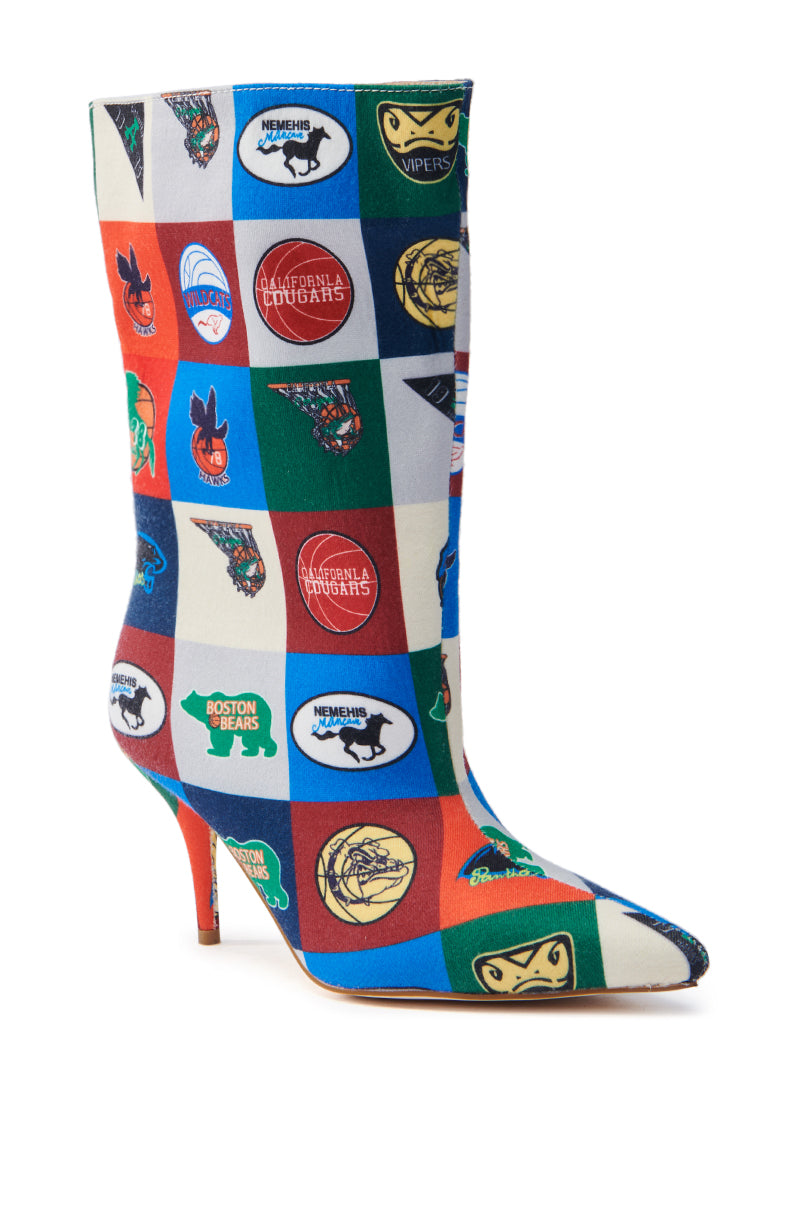 The AZALEA WANG FOUL MULTI SPORTY BOOTIE features a pointed toe and thin heel with a colorblock pattern of blue, white, and red squares adorned with sporty-chic logos and emblems like "Boston Bears" and "Memphis," blending elegance with bold style.