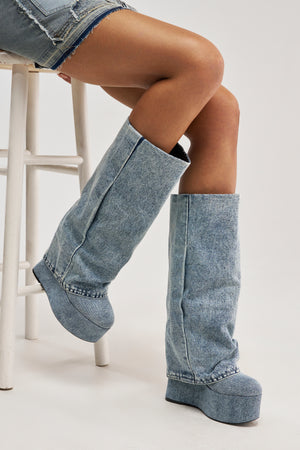 Blue Denim Flatform Knee High Boot | AKIRA