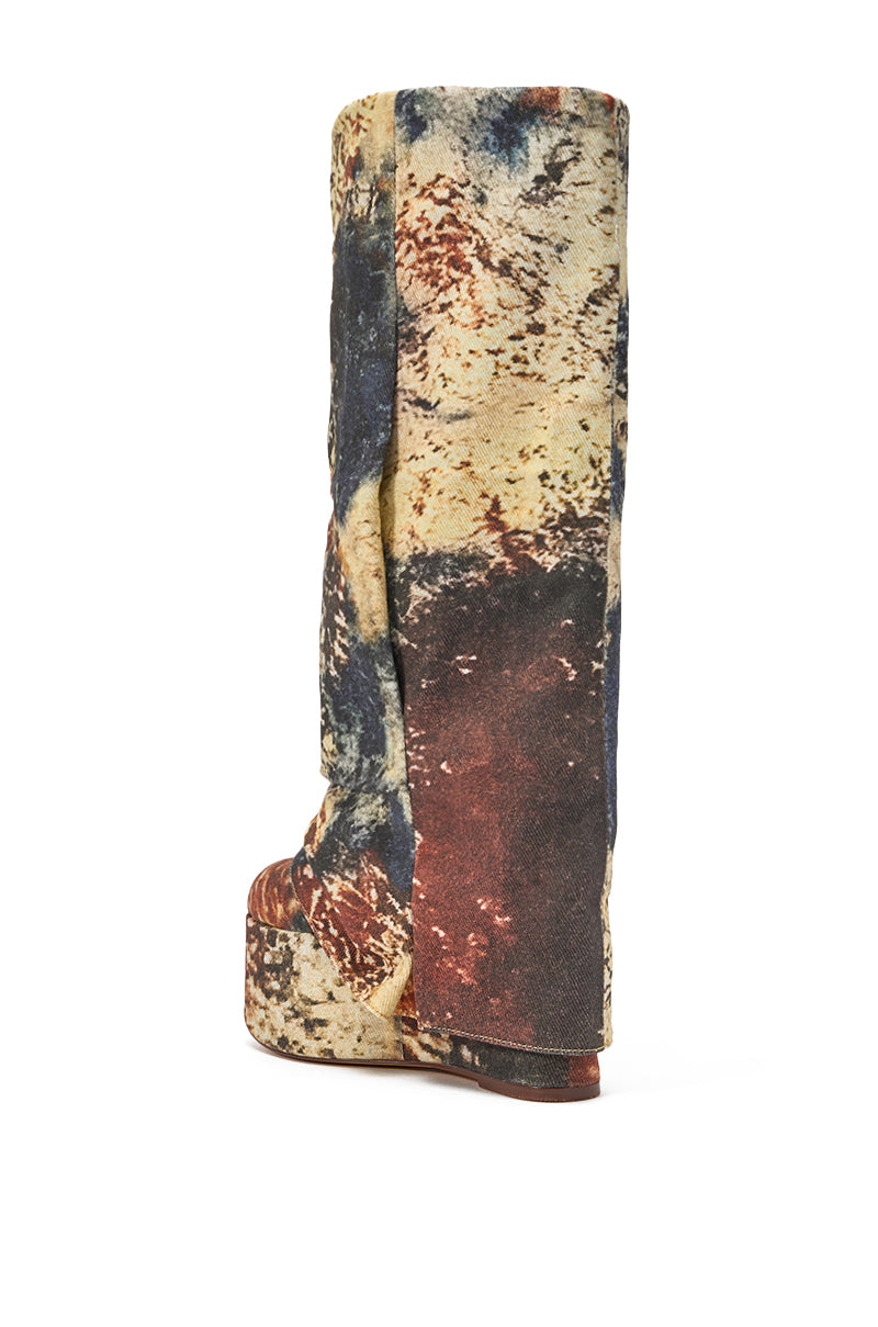The AZALEA WANG FRANKEYE MULTI MATERIAL FLATFORM BOOT is a tall knee-high style with a thick platform sole, featuring an abstract textured pattern in beige, brown, blue, and rust tones. Shown from side and back angles. 4