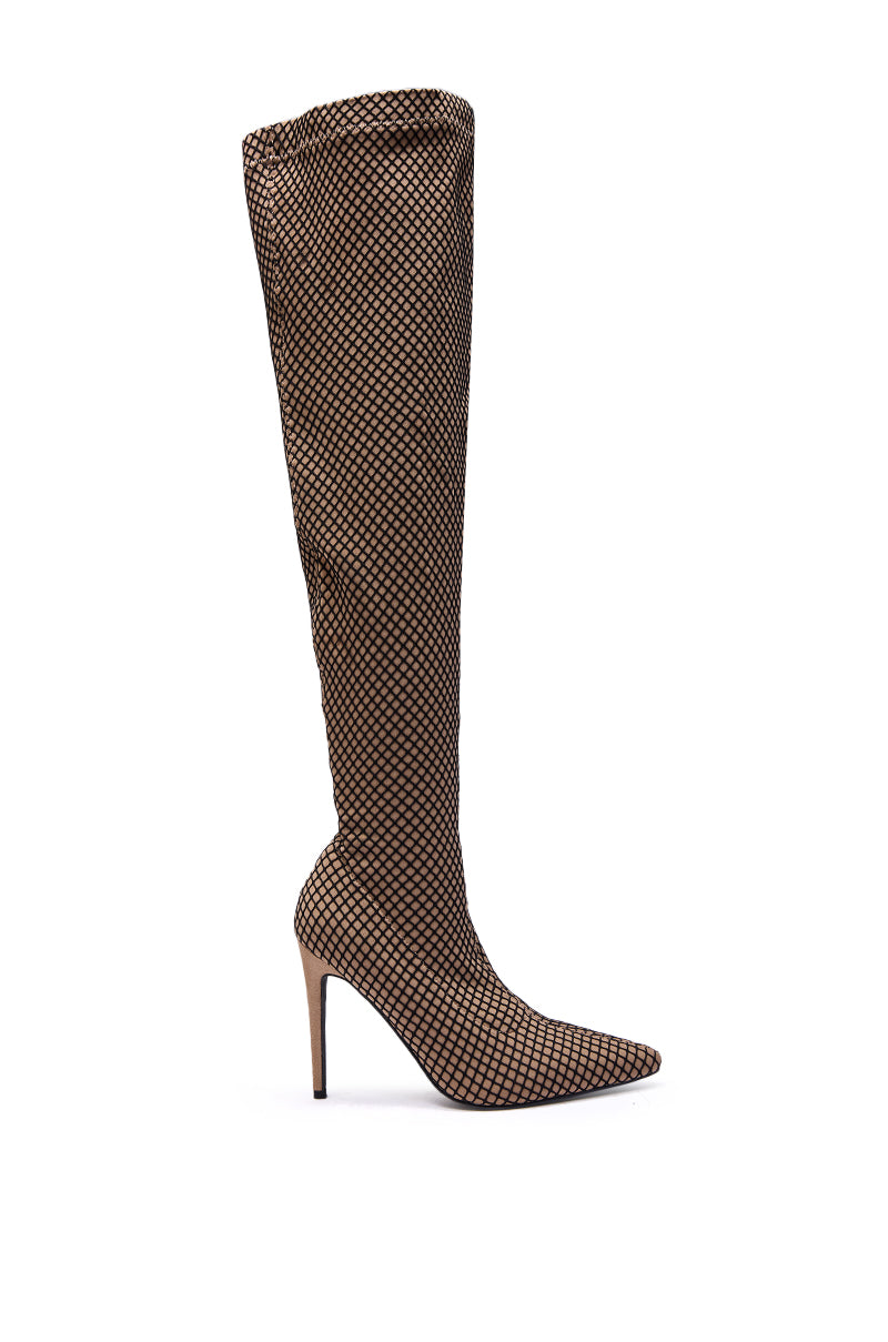 The AZALEA WANG FREEDAH Nude Fishnet Look Stiletto Boot showcases a black mesh over beige, shown in profile against white, emphasizing its nude stiletto heel and sleek silhouette.