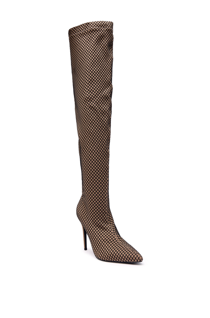 The AZALEA WANG FREEDAH NUDE FISHNET LOOK STILETTO BOOT is a knee-high, pointed toe stiletto with chic black fishnet mesh over a light beige base, delivering a stylish nude look.