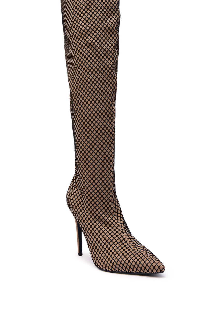 The AZALEA WANG FREEDAH NUDE FISHNET LOOK STILETO BOOT features a high heel, pointed toe, and over-the-knee design with a beige base and bold black fishnet mesh for an elegant, striking style.