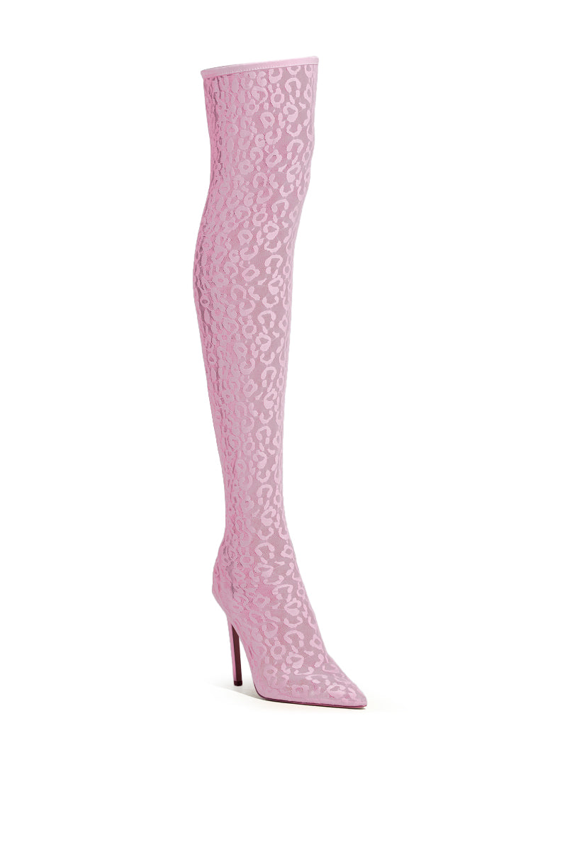 The AZALEA WANG FREYJA over-the-knee lace boot in pink, featuring a pointed toe and stiletto heel against a plain white background, exudes elegance and style.