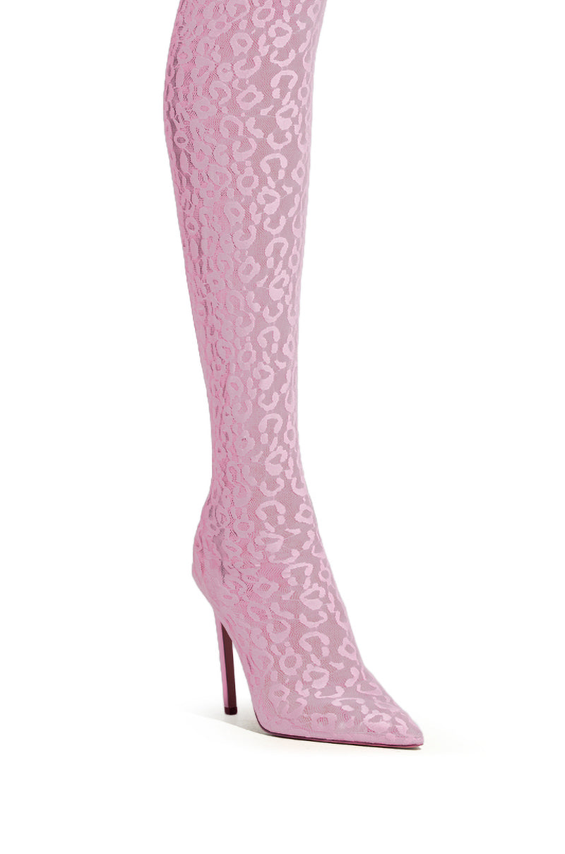 The AZALEA WANG FREYJA OVER THE KNEE LACE BOOT IN PINK features a knee-high pink boot with a leopard print and subtle lace-like texture, complemented by an elegant stiletto heel.