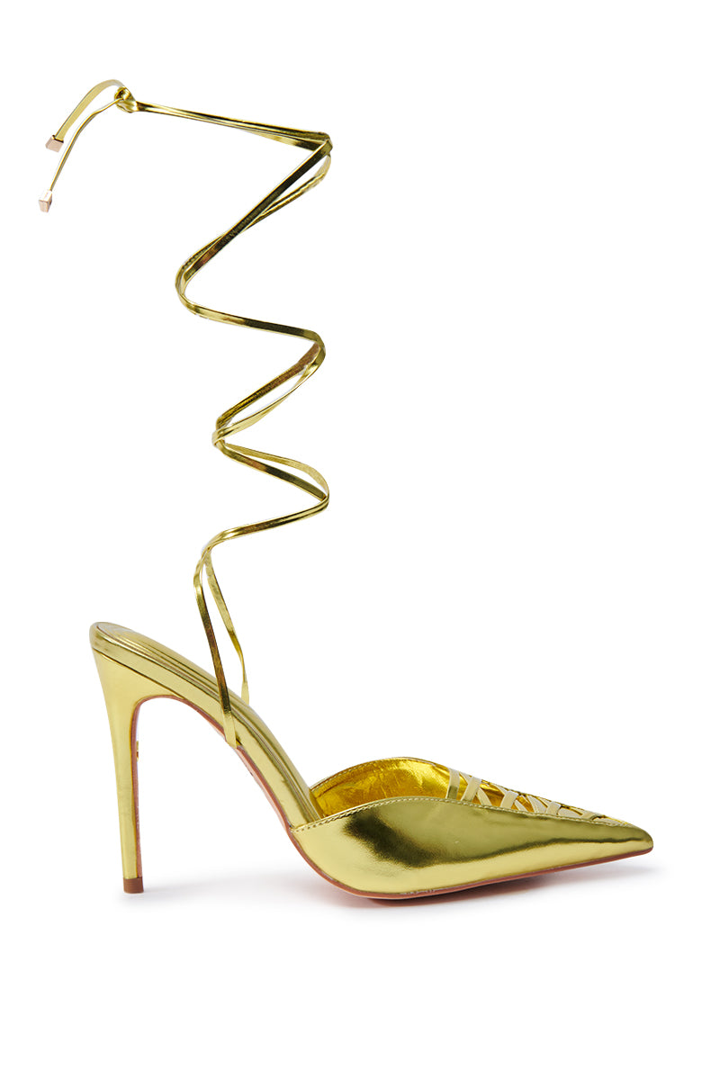 The AZALEA WANG FRIDLI YELLOW LACE UP PUMP captivates with its pointed toe and vibrant yellow finish. This eye-catching design features long laces that elegantly spiral up the stunning stiletto heel.