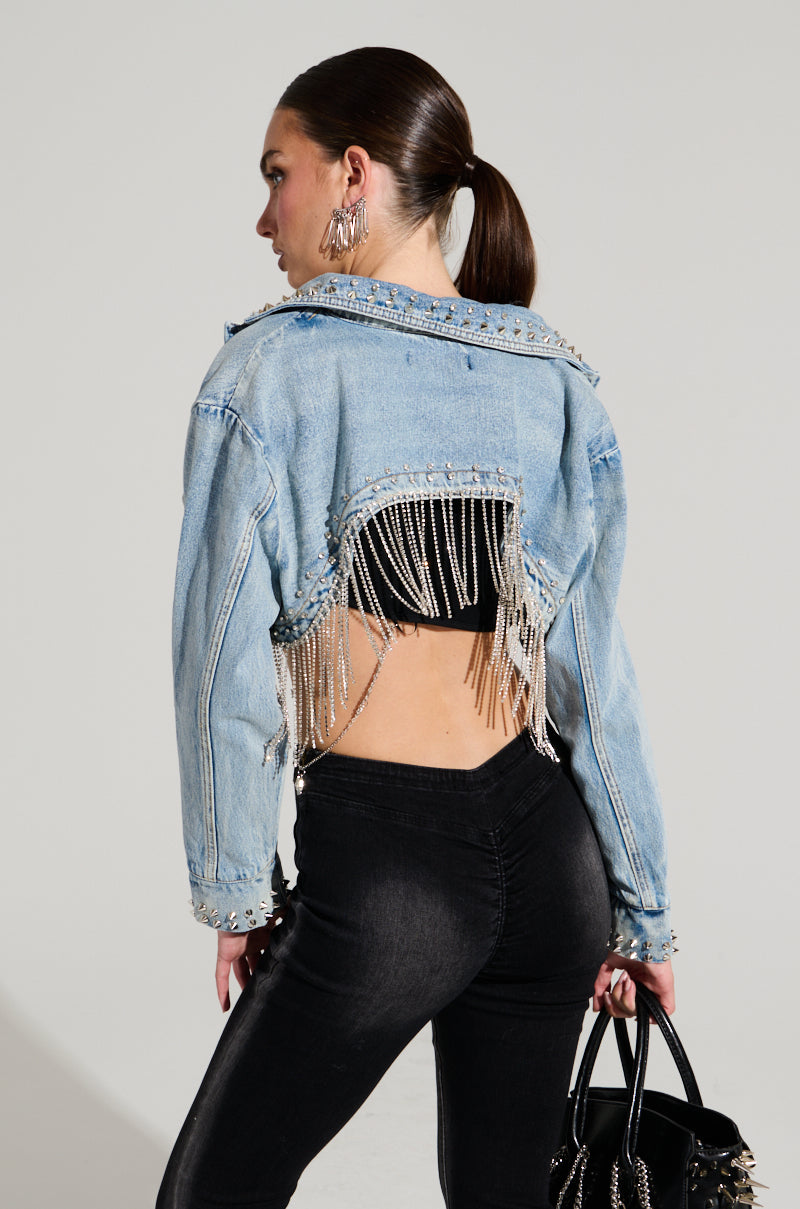 WATERFALL RHINESTONE CROPPED DENIM JACKET – AKIRA