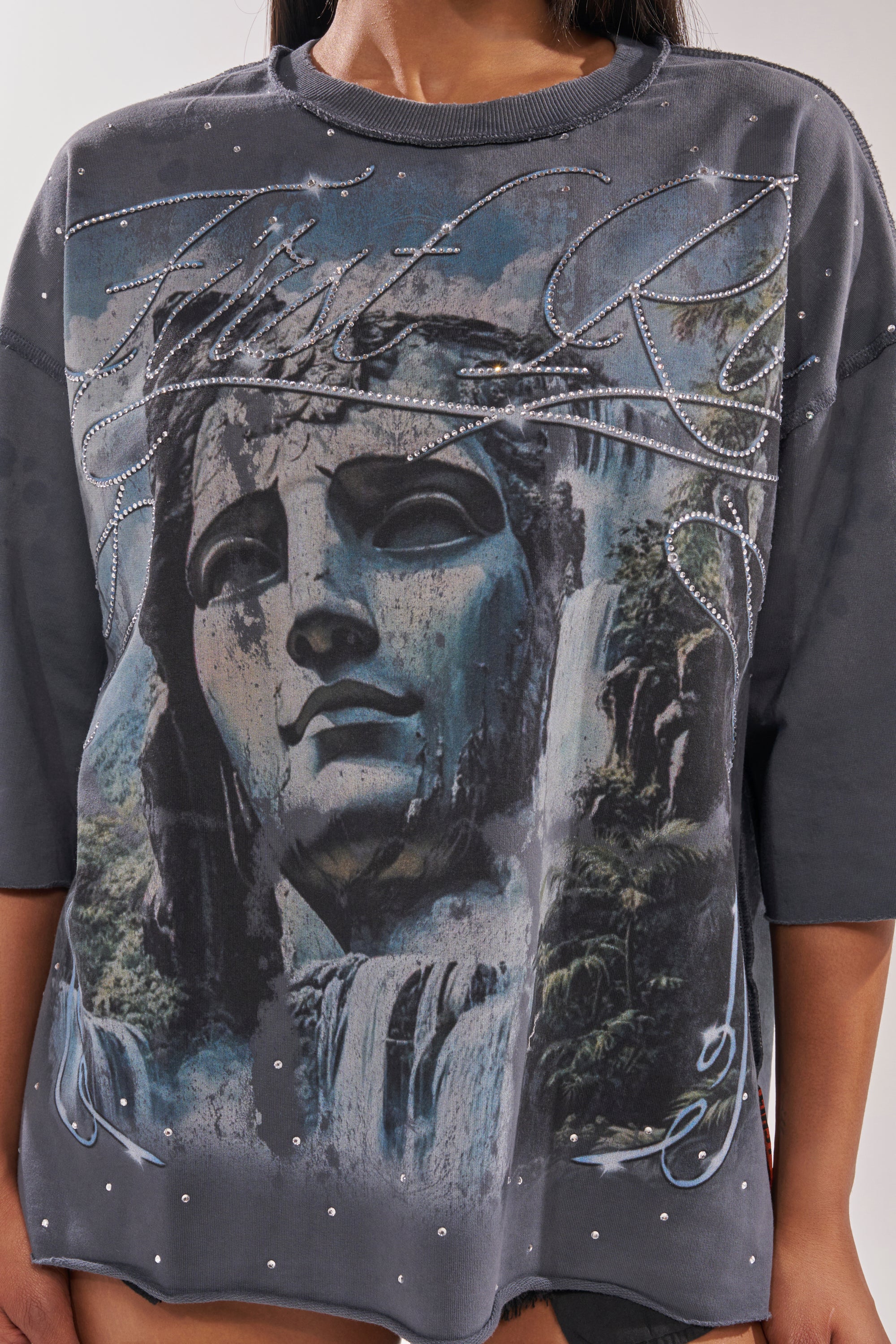 A person wears the FIRST ROW DIVINE RIGHT FRENCH TERRY TEE, a dark gray cropped shirt with a bold stone face graphic, cascading waterfalls, lush greenery, and stylized cursive—perfect for street style. 6