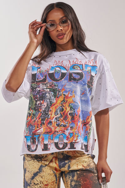 FIRST ROW LOST UTOPIA RHINESTONE FRENCH TERRY TEE – AKIRA