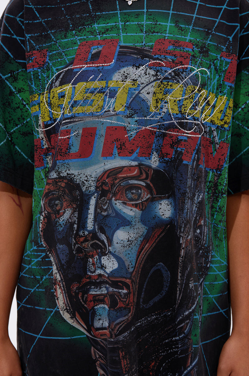 A close-up of the METAVERSE OVERSIZED GRAPHIC TEE, showcasing a vibrant abstract robot face and “FAST FOR HUMAN” in bold, distorted letters over a cyberpunk grid and paint splatter background.