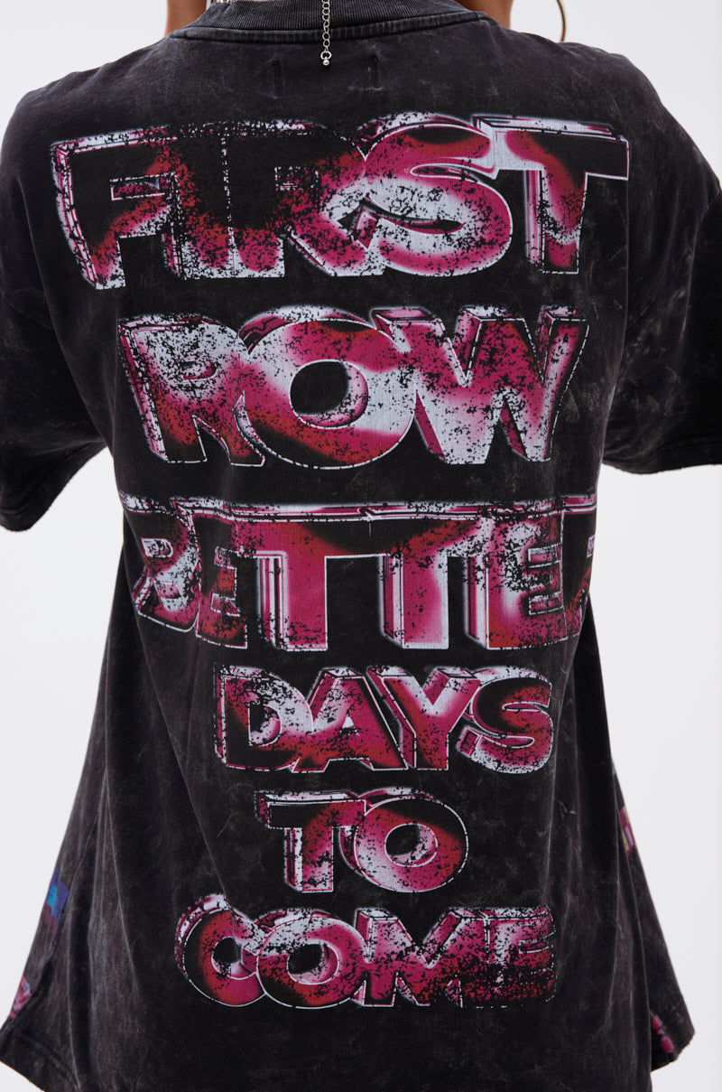 Wearing the FIRST ROW CYBERTRONICS OVERSIZED GRAPHIC TEE with bold, distressed red and white back text reading "BETTER DAYS TO COME," is ideal for fans of futuristic streetwear. 6