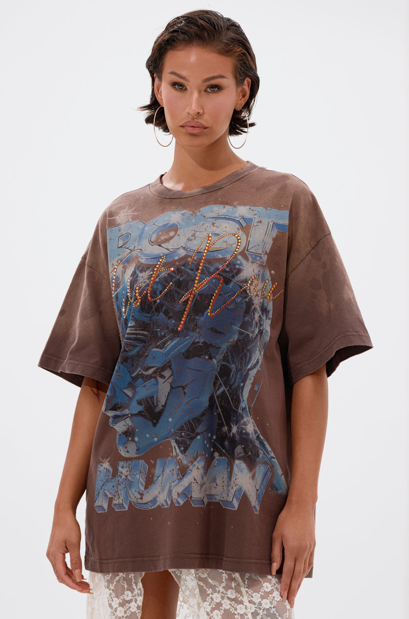A person with short, wet-look hair wears the POST HUMAN OVERSIZED GRAPHIC TEE featuring blue and orange abstract art, paired with a white lace skirt—showcasing cyberpunk streetwear style against a plain light background. 1