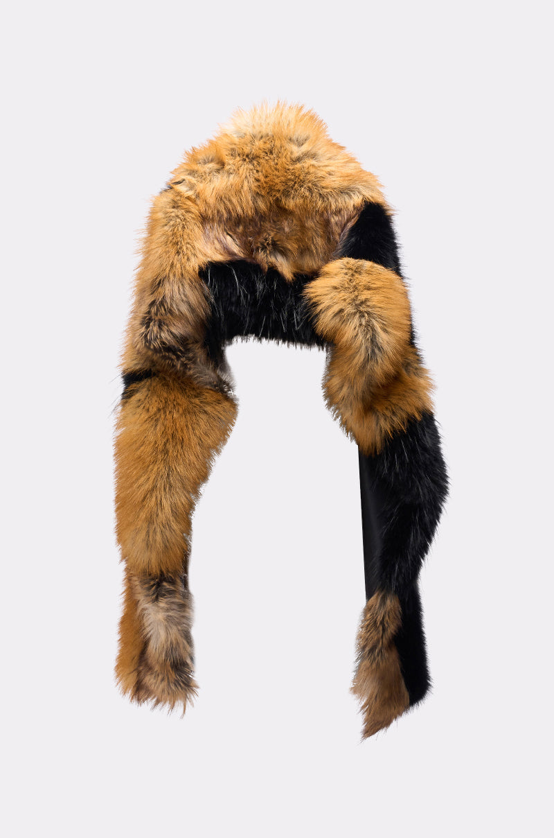 The COSMO FAUX FUR SCARF, featuring a blend of reddish-brown, black, and tan faux fur, is displayed in a U-shape on a plain light gray background. 5