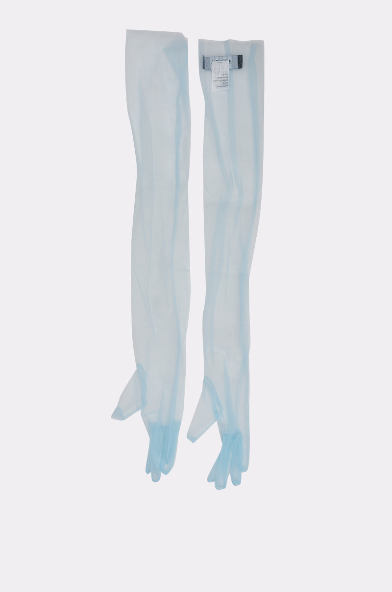 MESHY SPRING GLOVES: These transparent, long, light blue sheer mesh gloves with attached sleeves are laid flat on a white background—ideal for adding a romantic touch or as standout festival accessories. 3