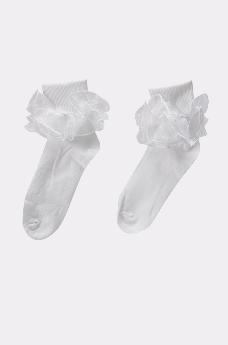 RUFFLE ME UP SOCKS: White ankle socks with sheer ruffled lace trim at the cuffs, shown against a simple light background. 3