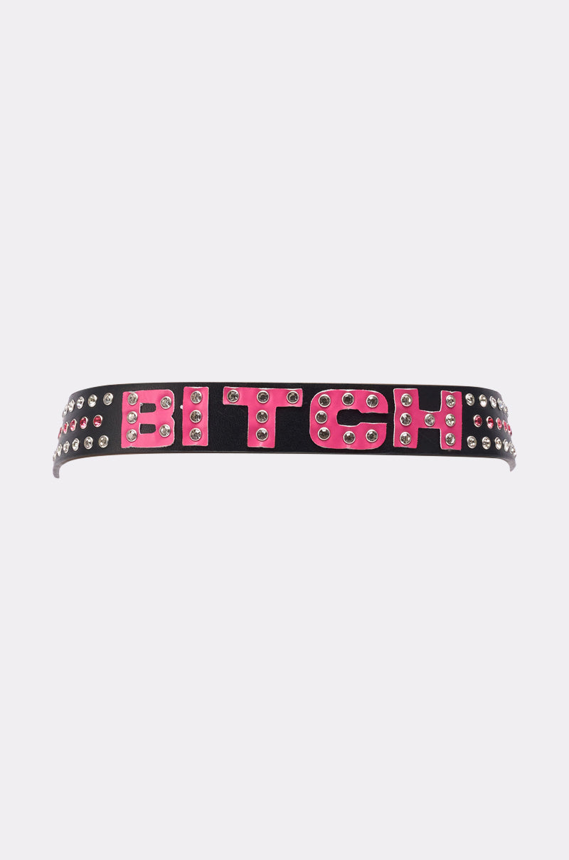 I AM THAT BELT is a faux leather belt with silver studs, a western buckle, and bold pink letters spelling "BITCH" across the front. 5