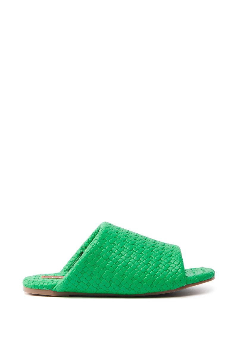 The AKIRA GAIA green braided flat slip-on sandal, made from faux leather and featuring an open toe design, is elegantly displayed in a side view against a plain white background.