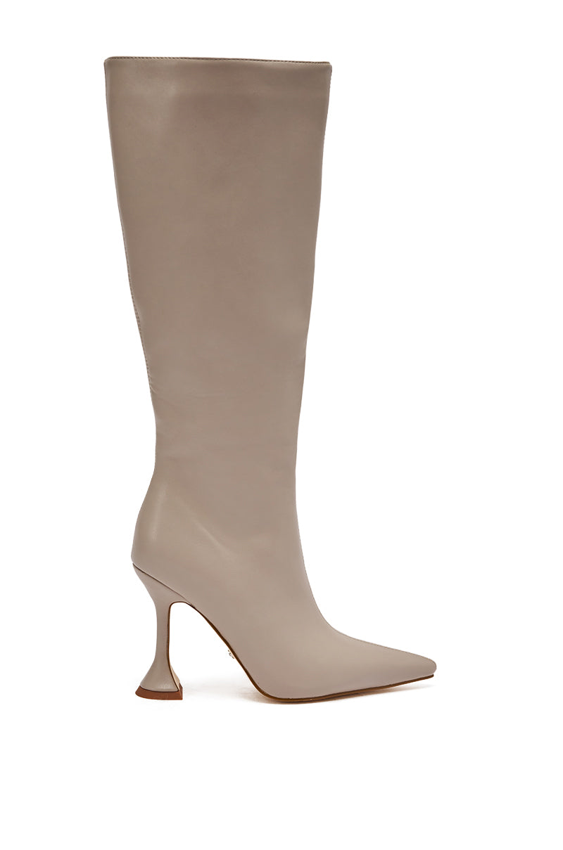 The AZALEA WANG GAMMA GREY CHUNKY KNEE HIGH BOOT is a tall, grey faux leather knee-high featuring a pointed toe and a chunky heel.