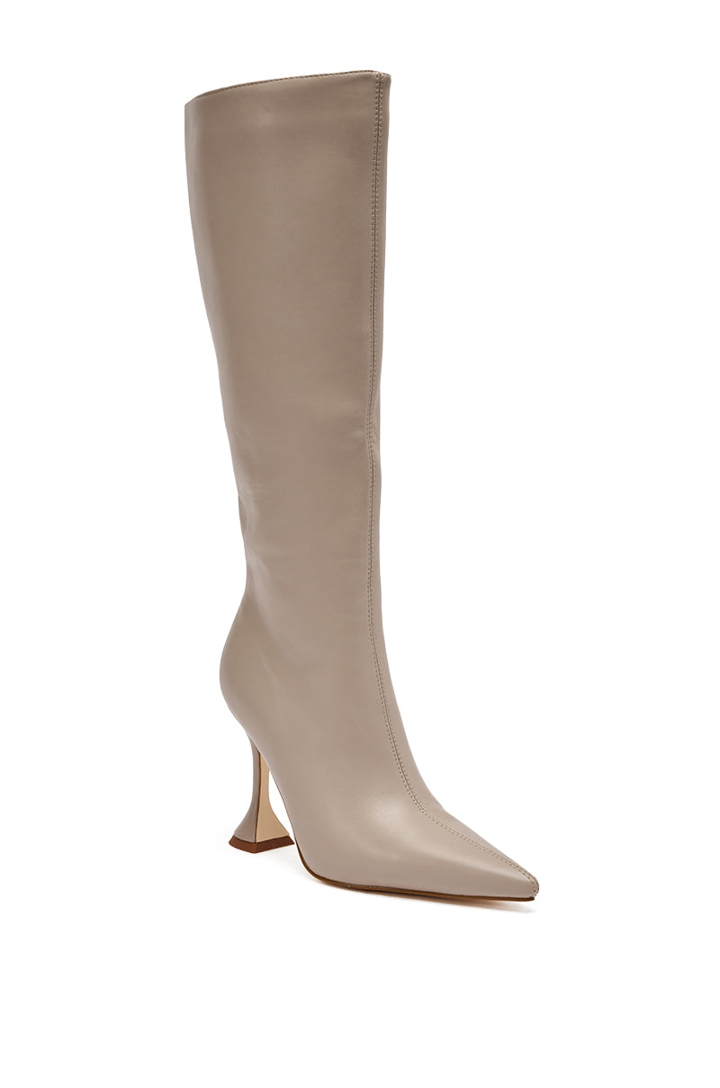 The AZALEA WANG GAMMA GREY CHUNKY KNEE HIGH BOOT features a knee-high design in grey faux leather with a chunky heel, pointed toe, and is displayed on a white background.