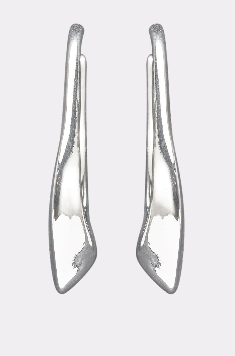 The DRIPPY EARRING features a polished, asymmetrical silver-tone design with modern sculpted curves, displayed on a plain light gray background. 3