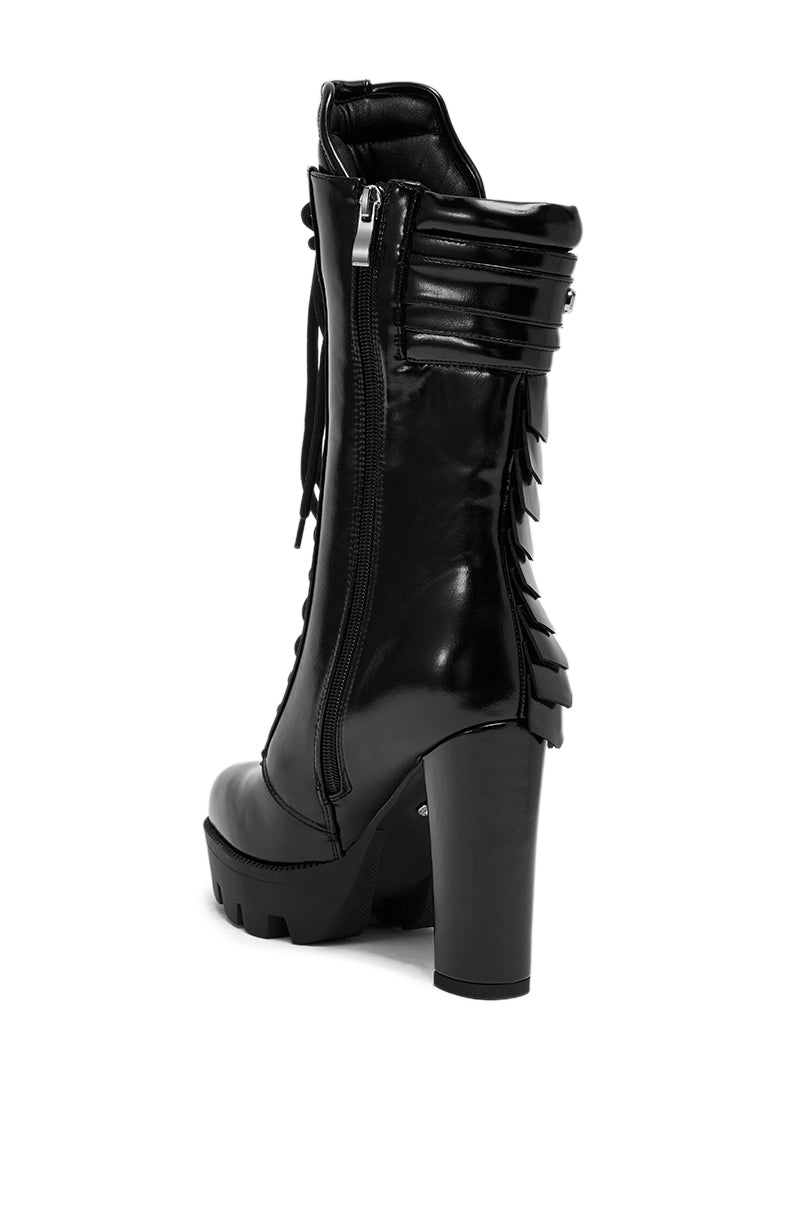 The AZALEA WANG GERNOT BLACK LACE UP SCALED PLATFORM BOOTIE features a stylish chunky heel, lace-up front, side zipper, and scaled decorative details on the back and ankle, crafted from sleek faux leather.