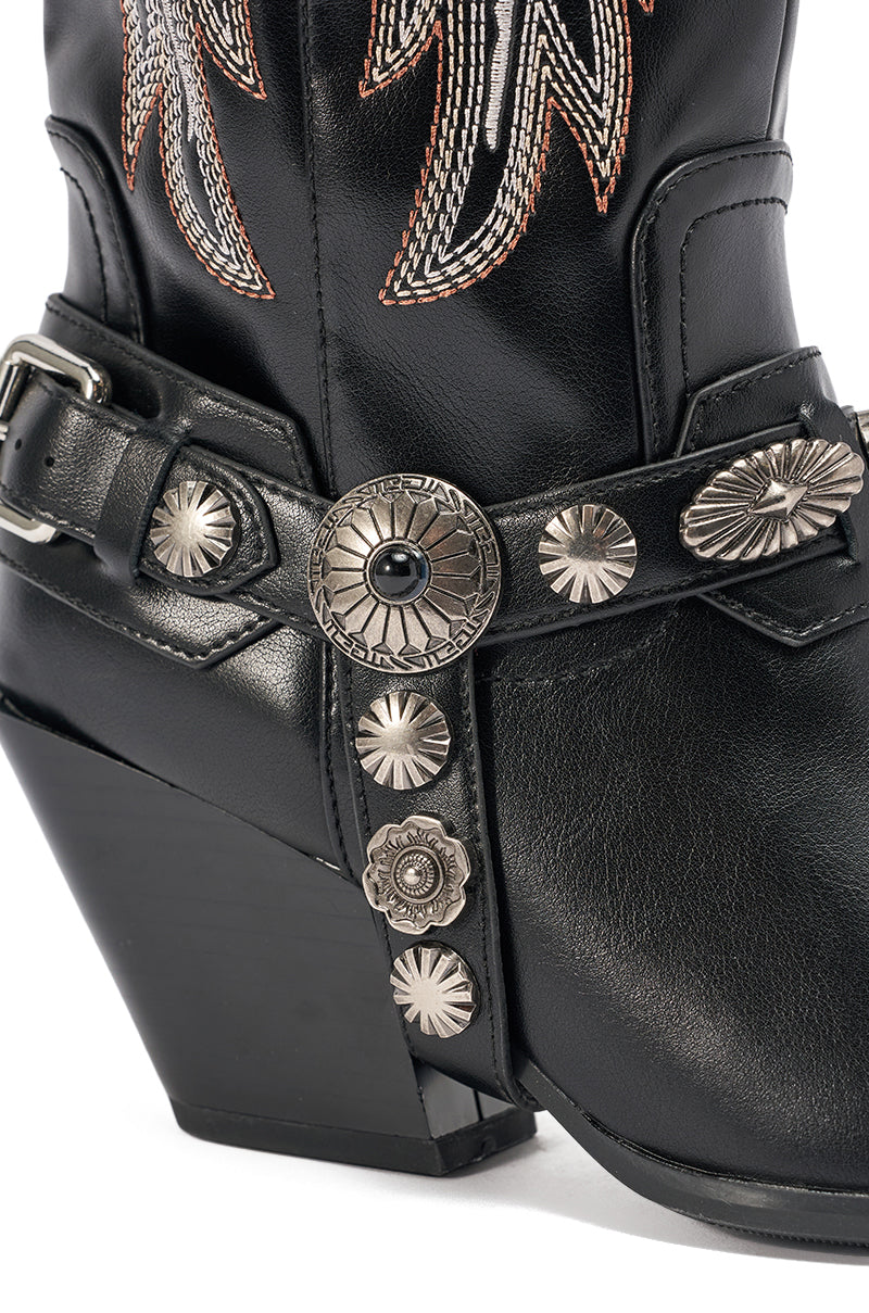 Close-up of the AZALEA WANG GERVASE BLACK PU SILVER HARDWARE WESTERN BOOT, featuring decorative silver hardware, detailed embroidery, a pointed toe, and a chunky angled heel. 6