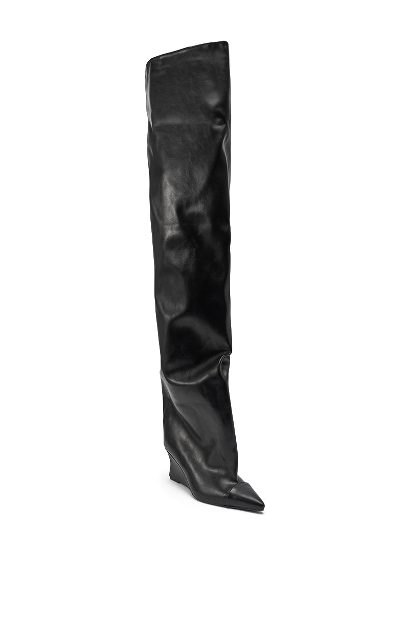 The AZALEA WANG GHANA OVER THE KNEE BLACK PU WEDGE BOOT is a single black, over-the-knee faux leather boot featuring a pointed toe and slouchy, relaxed fit, displayed angled right on a white background. 3