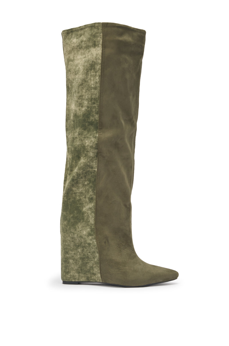 The AZALEA WANG GIANNA OLIVE TWO TONED BOOT is a tall, pointed-toe knee-high wedge in olive green, featuring smooth and textured fabric panels, displayed in side profile on a white background. 3