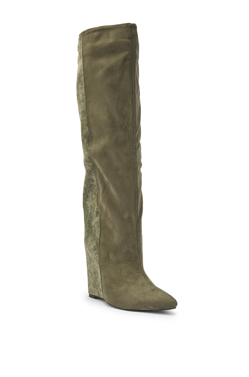 The AZALEA WANG GIANNA OLIVE TWO TONED BOOT is a knee-high, olive faux suede boot with a pointed toe and stylish wedge heel, shown on a white background. 4