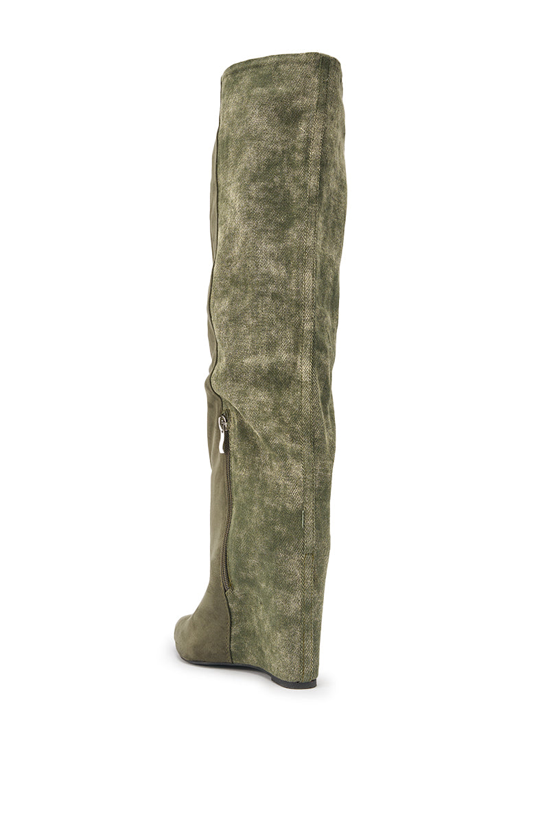 Side view of the AZALEA WANG GIANNA OLIVE TWO TONED BOOT, a tall, knee-high faux suede boot in olive green with a distressed finish, curved wedge heel, and exposed side zipper. 5