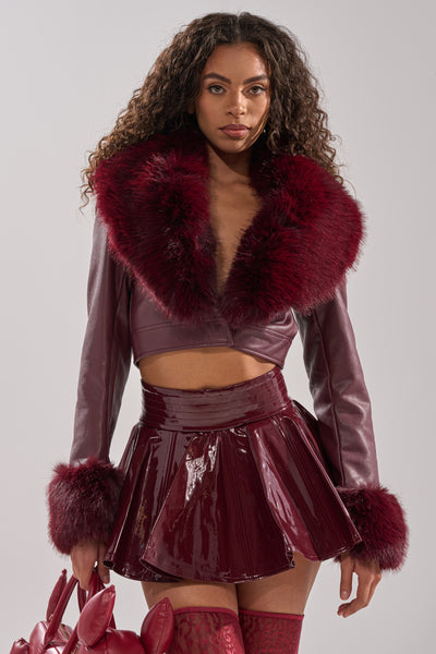 GISELE FUR TRIM MOTO IN BURGUNDY – AKIRA