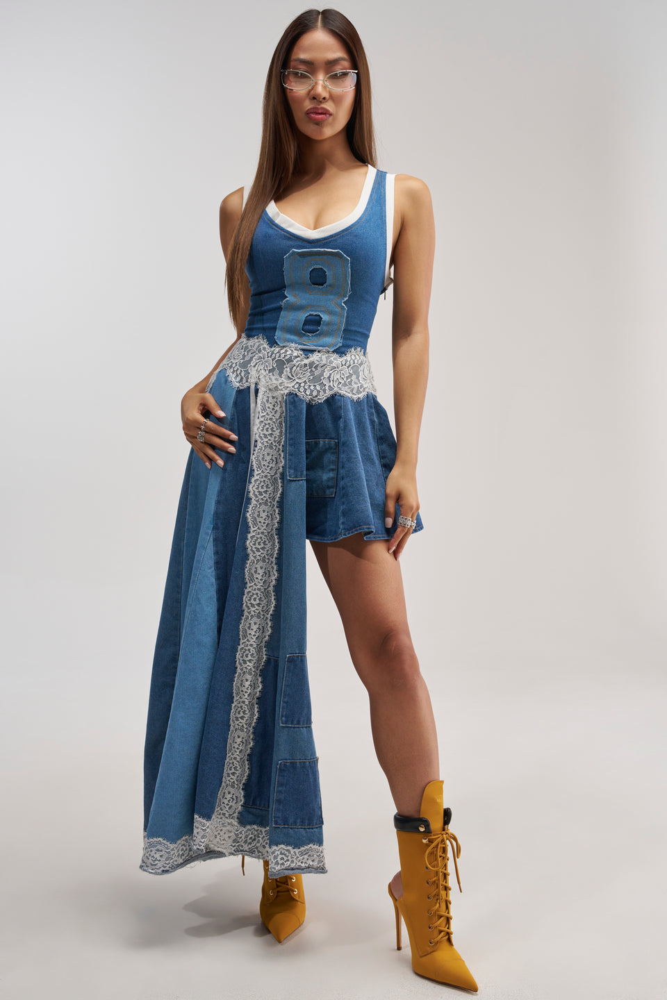 AKIRA Bossed Up Denim Mini Dress Denim Patchwork | Light Blue