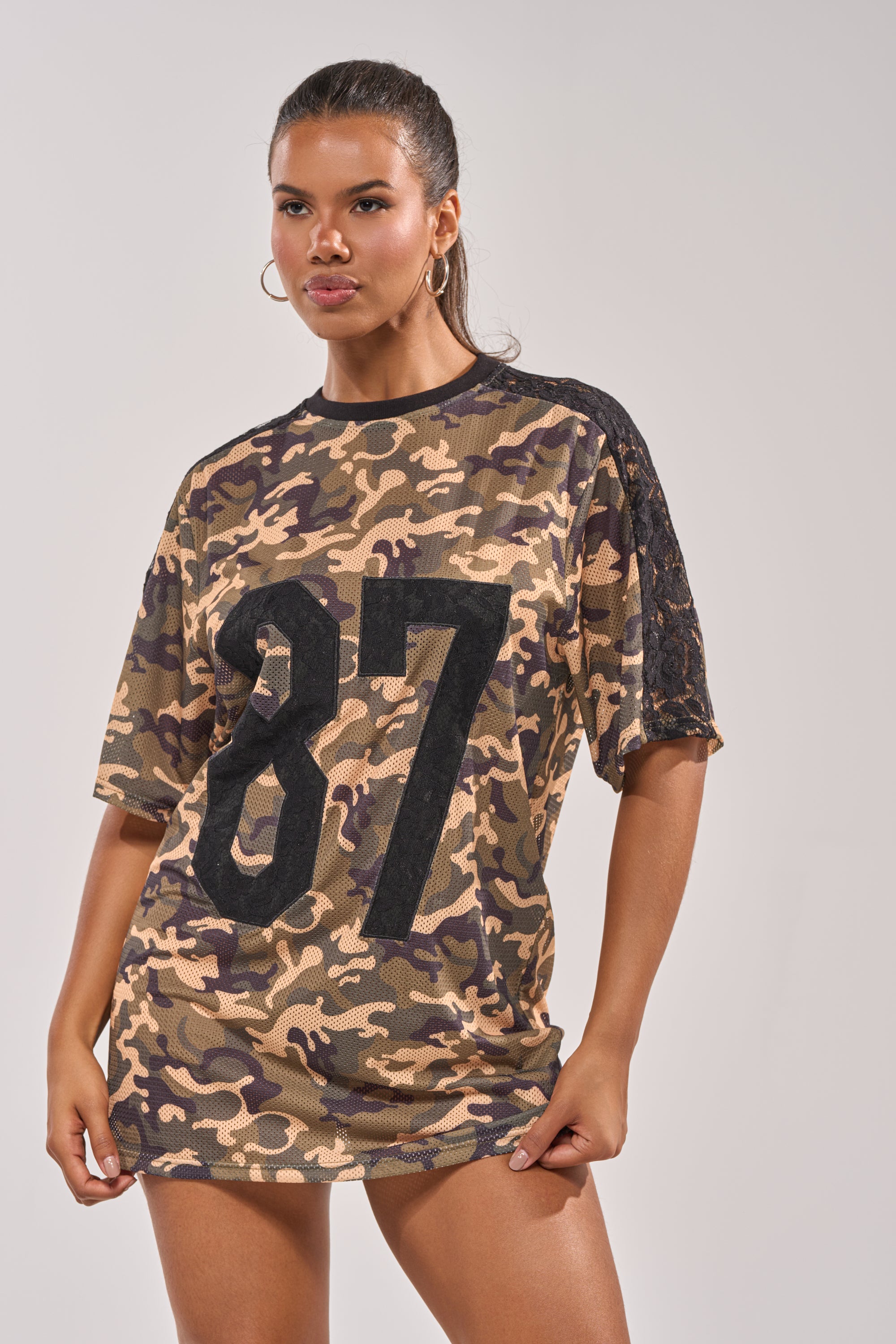 POPPIN POPPYS LACE JERSEY MINI DRESS IN CAMO – AKIRA