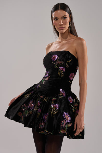 Velvet Sequin Mini Dress, Strapless Floral | AKIRA