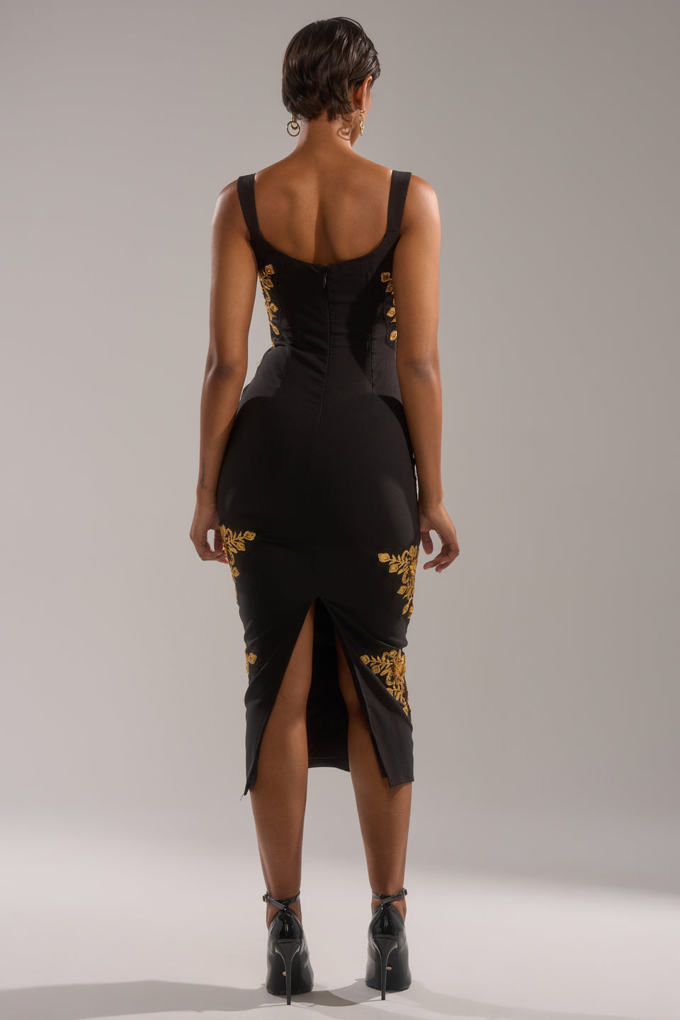 golden black dress for women AKIRA Parisian Floral Embroidered Maxi Dress | Black