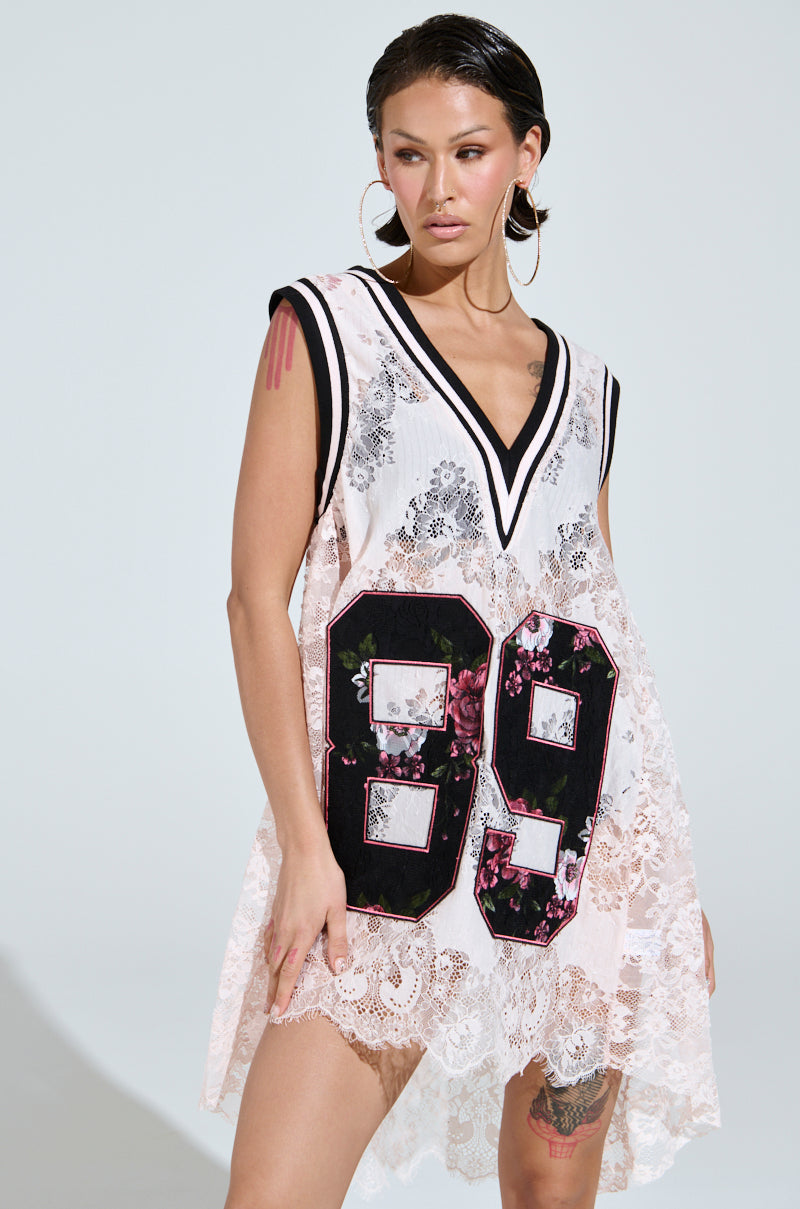 ON THE SIDELINES LACE JERSEY MINI DRESS IN PINK AKIRA ON THE SIDELINES LACE JERSEY MINI DRESS IN PINK AKIRA