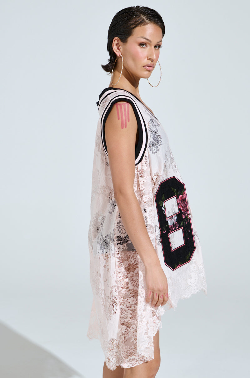 ON THE SIDELINES LACE JERSEY MINI DRESS IN PINK AKIRA ON THE SIDELINES LACE JERSEY MINI DRESS IN PINK AKIRA
