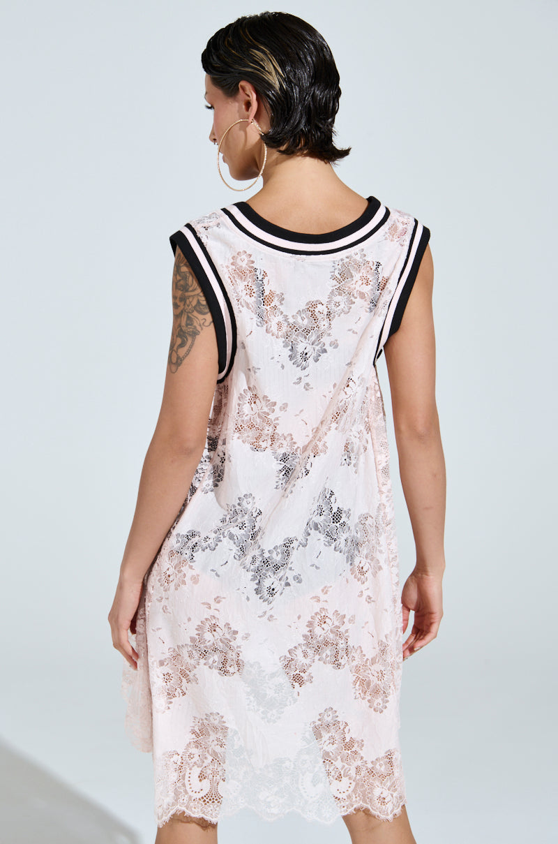 ON THE SIDELINES LACE JERSEY MINI DRESS IN PINK  AKIRA