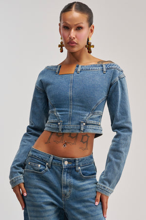 Cropped Denim Off-Shoulder Top, Slim Fit | AKIRA