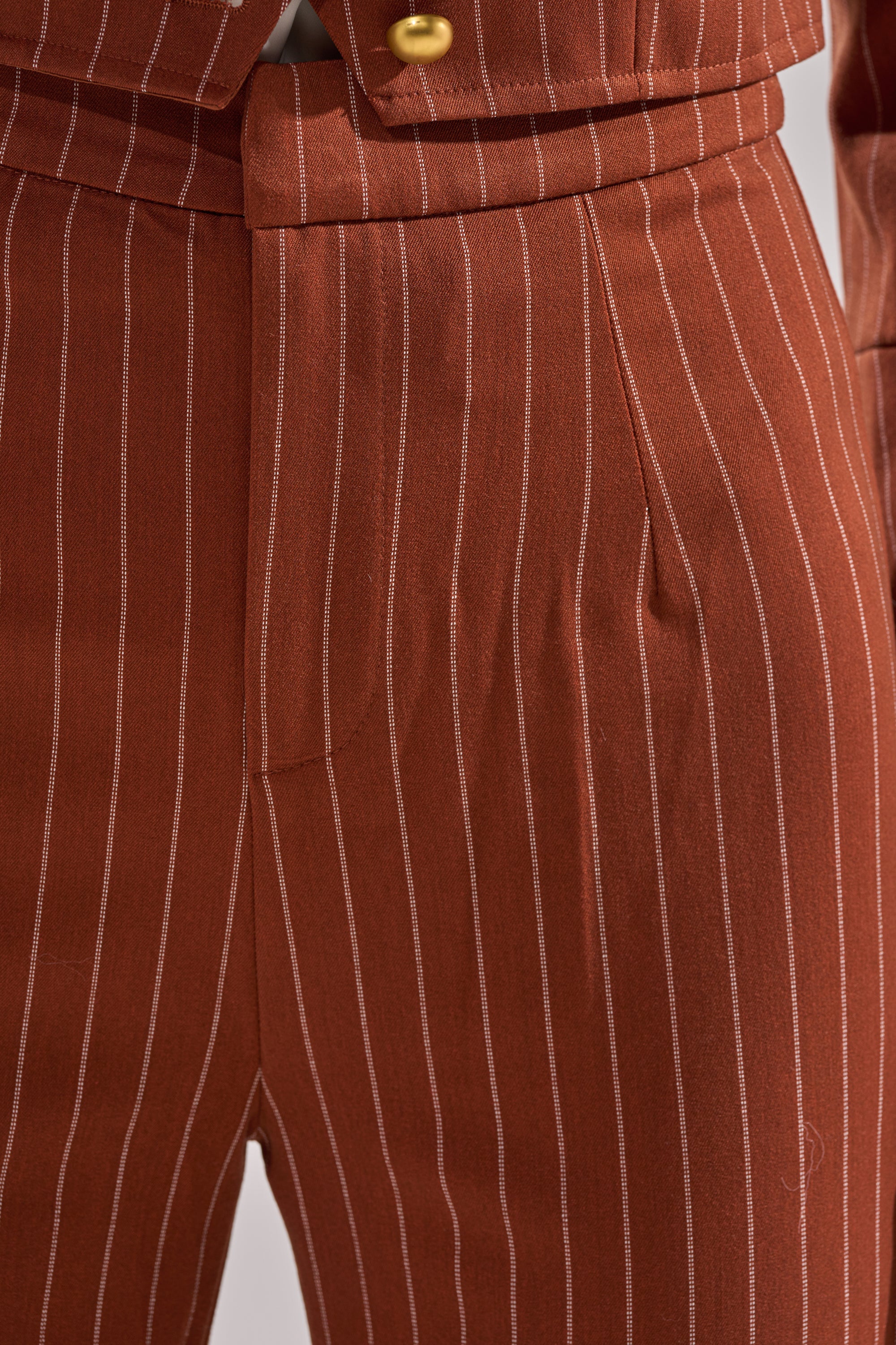 Close-up of a person wearing the BUSINESS FIRST STRIPE TROUSER in rust with vertical white pinstripes and pleats, paired with a matching jacket featuring gold buttons.