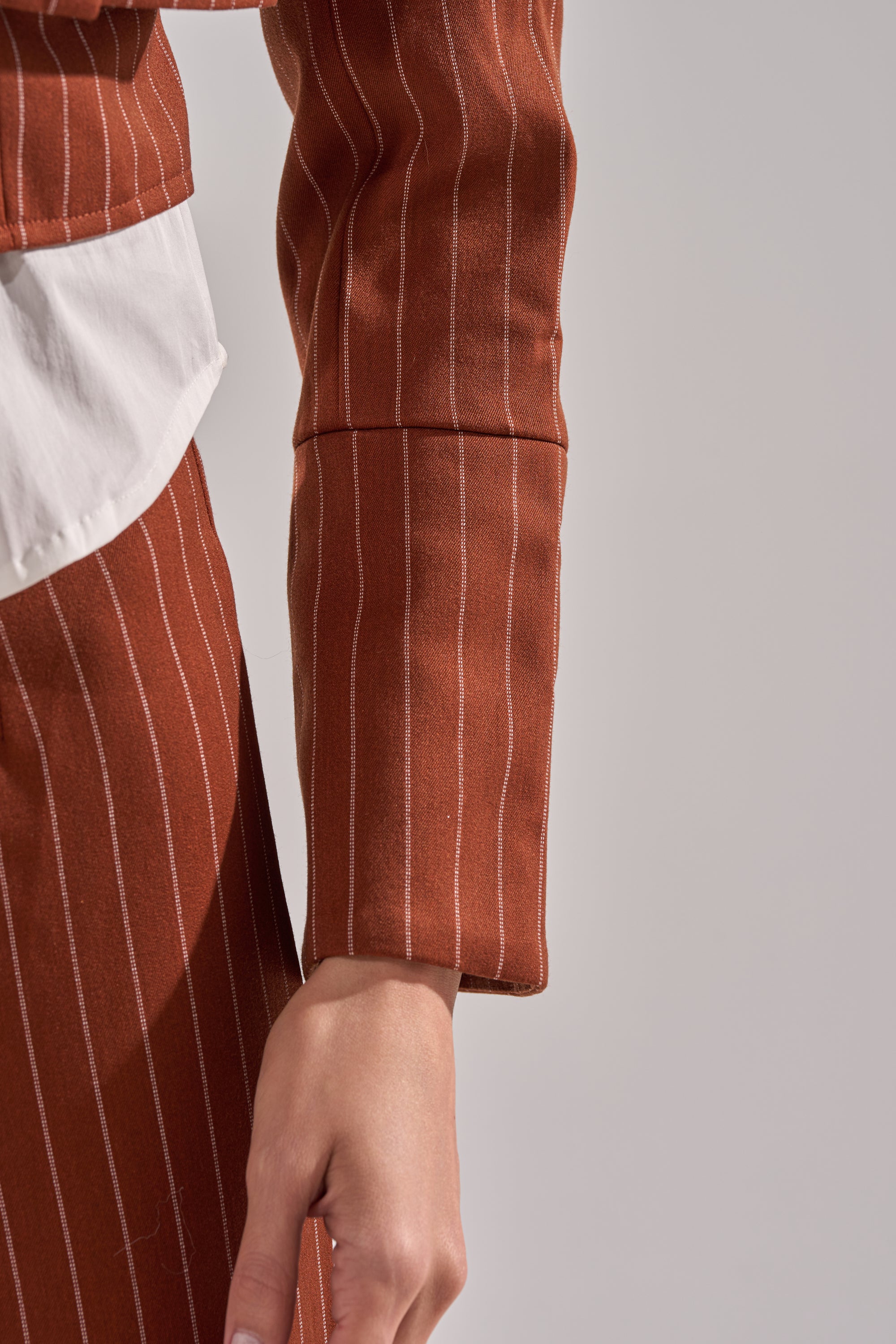 A person wears the BUSINESS FIRST STRIPE BLAZER in rust with a white shirt underneath, shown from shoulders down with arm bent, set against a plain background.