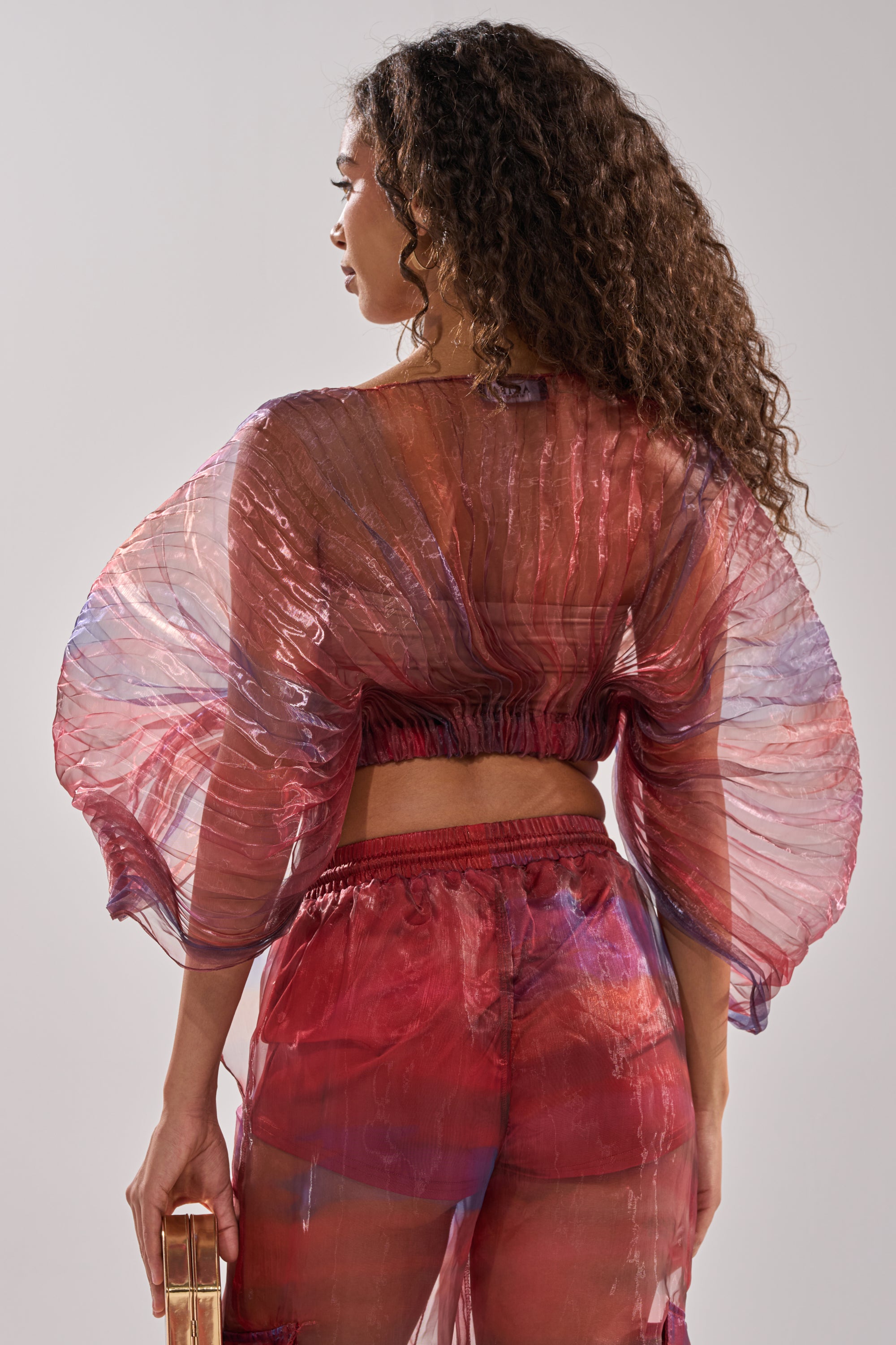 A woman with long curly hair faces away, wearing the LETS LIVE IN THE MOMENT CHIFFON BLOUSE—a sheer, multicolor top with wing-like sleeves and accordion pleating—paired with matching pants. She holds a small rectangular clutch in her left hand. 4