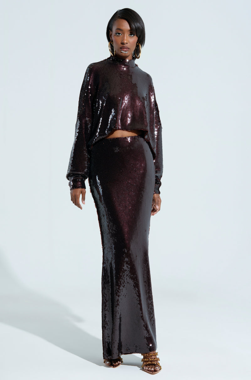 BELIEVE IN LOVE SEQUIN MAXI SKIRT IN BROWN – AKIRA