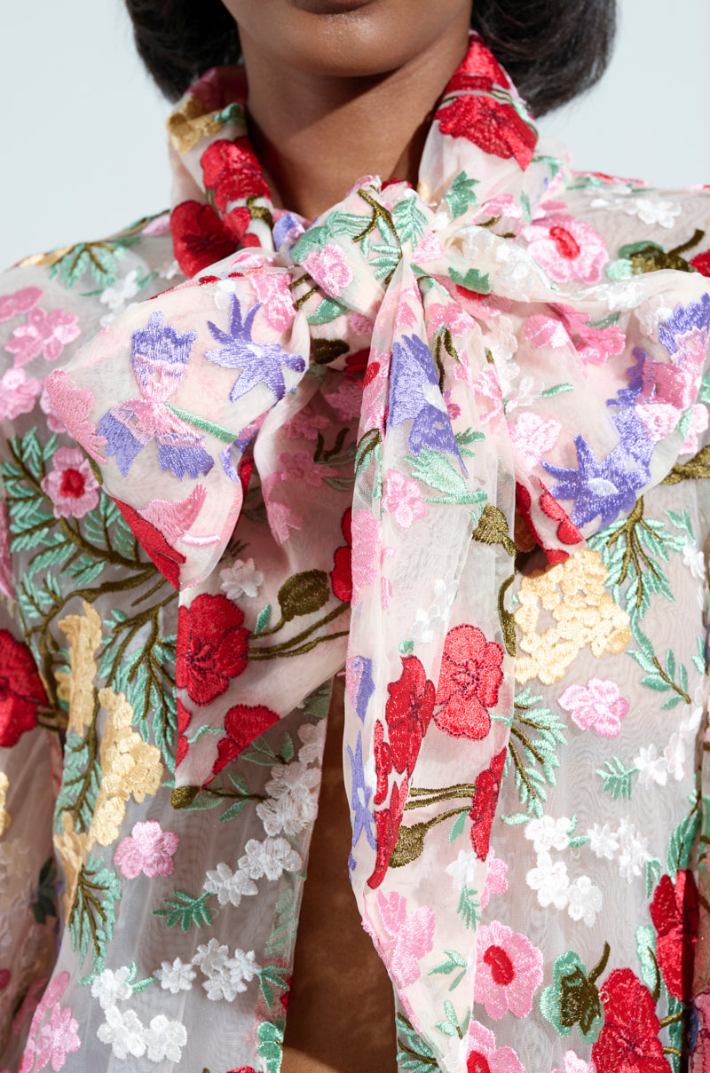 A close-up showcases someone in the GARDEN PARTY FLORAL APPLIQUE LONG BLOUSE, featuring a sheer mesh design with a large neck bow and vibrant red, purple, yellow, and green floral embroidery against a plain light background.