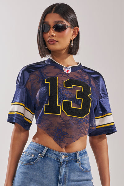LUCKY LACE JERSEY TOP IN NAVY – AKIRA