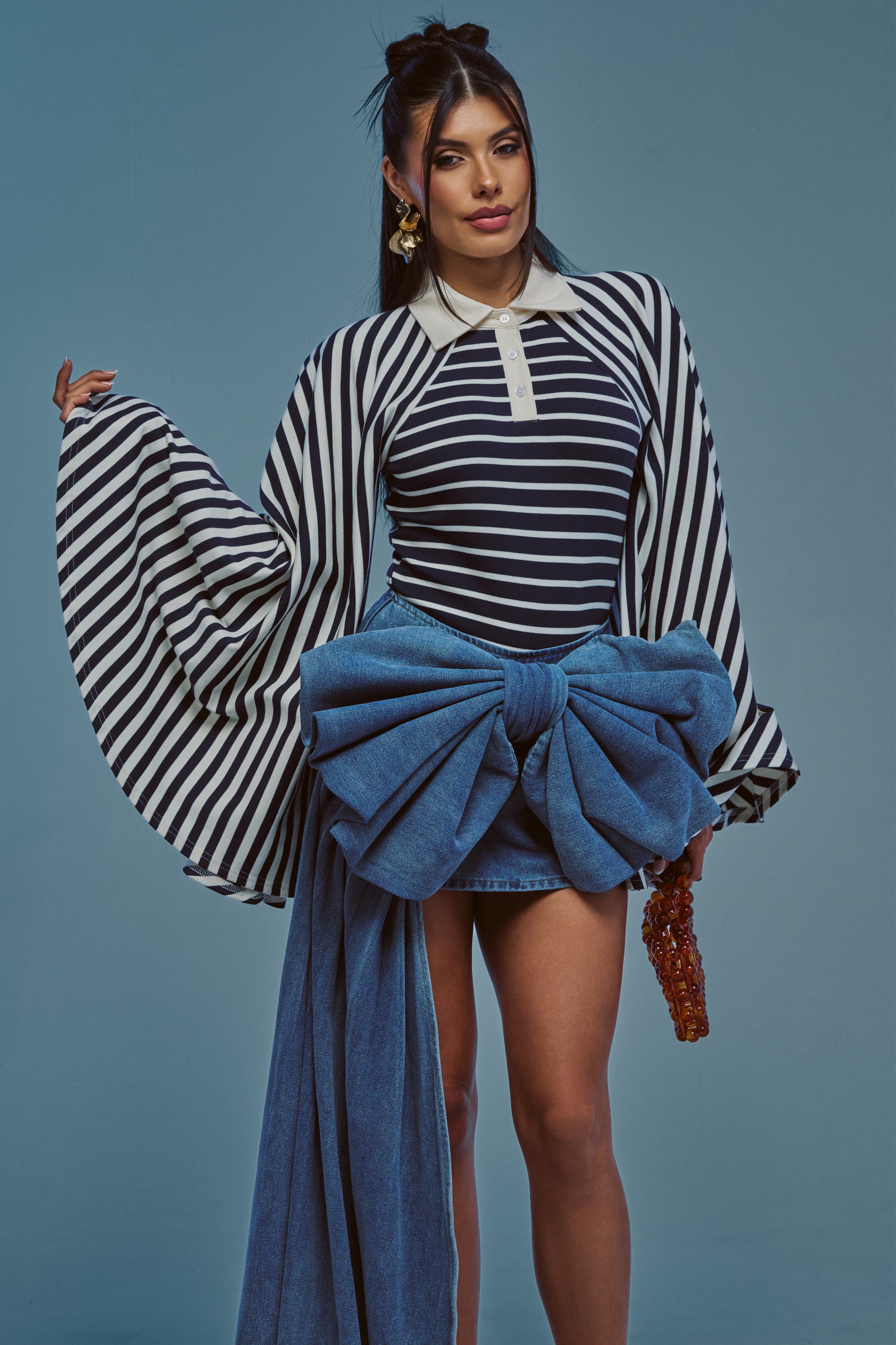 ALMA STRIPE COLLARED BODYSUIT IN NAVY