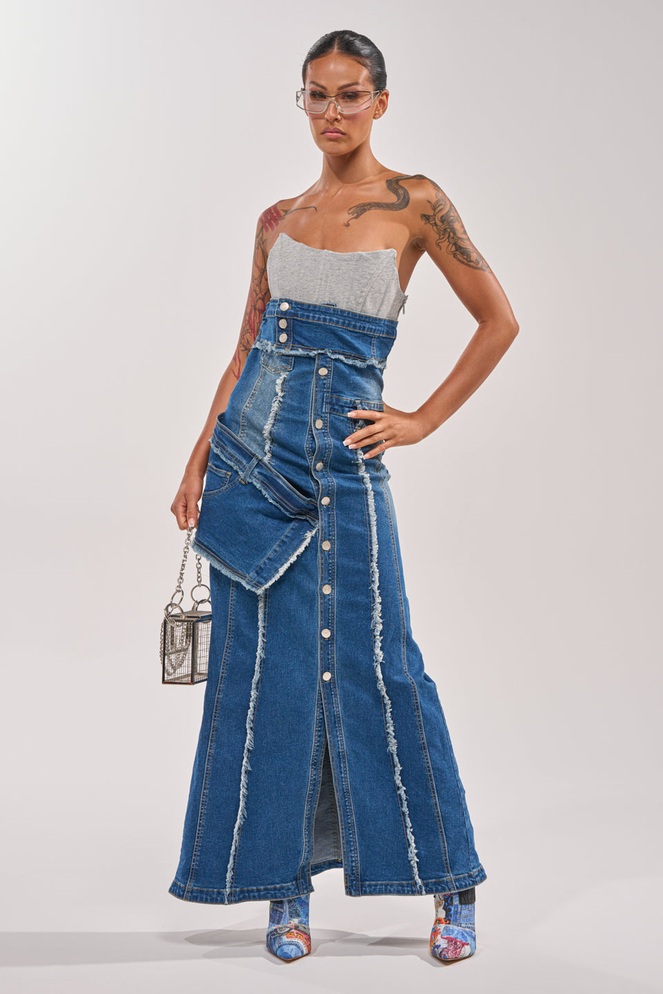 AKIRA Up To No Good Distressed Denim Maxi Dress