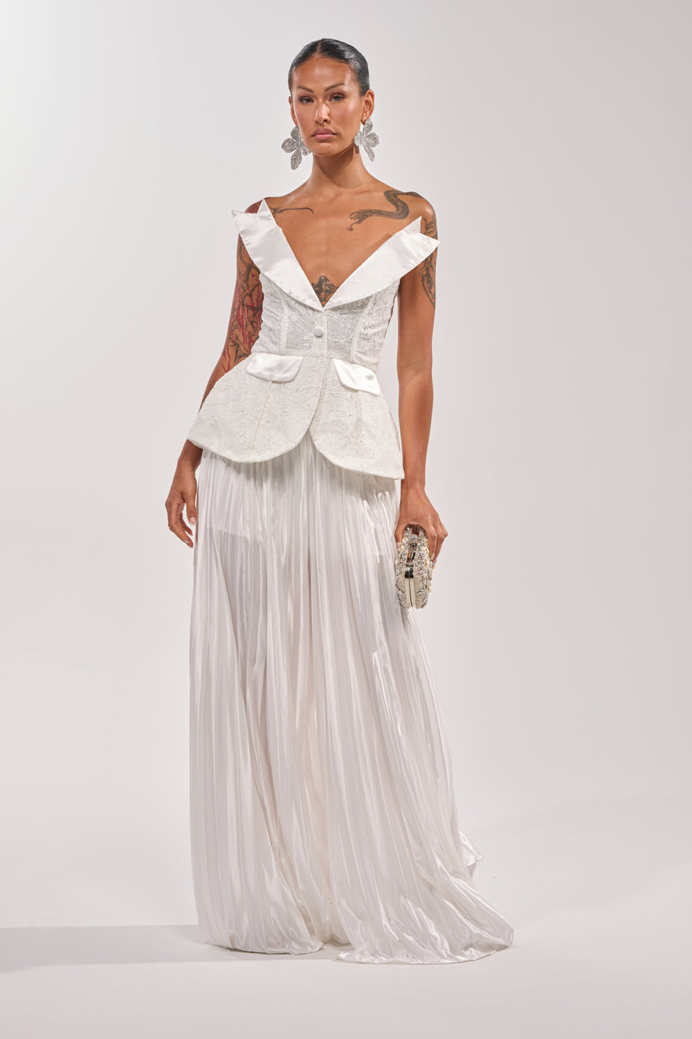 strapless open back dress CALLED OUT SATIN PLEATED PALAZZO PANT IN WHITE – AKIRA