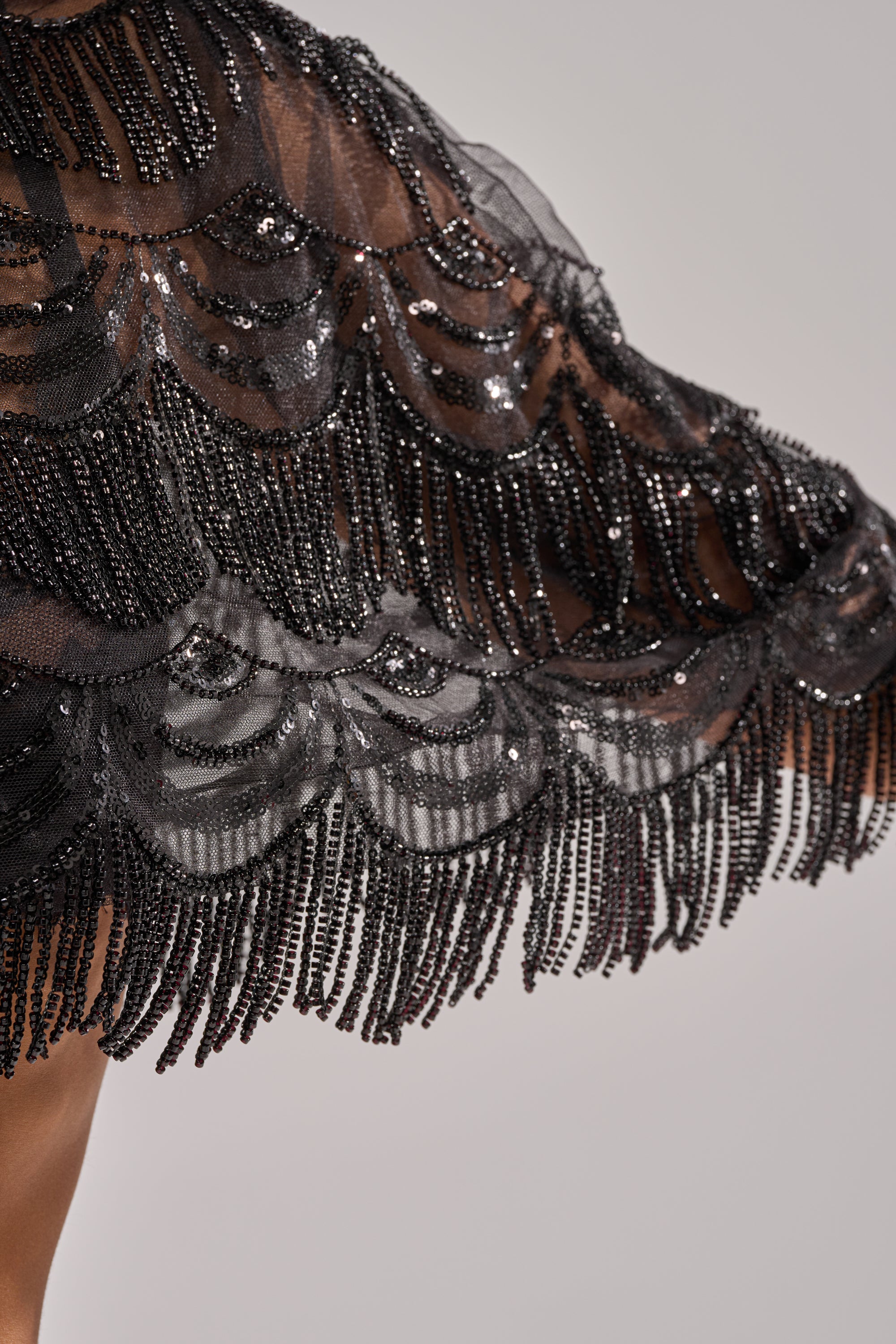 Close-up of the STAR OF THE NIGHT BLOUSE, featuring layers of sparkling beads and sequins in scalloped patterns for a textured, shimmering look with a hint of capelet-inspired flair.